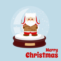 Cheerful Santa Claus with placard in hands with text Happy new Year. Snow globe with winter holiday symbol. Merry Christmas holiday greeting card. Vector funny illustration