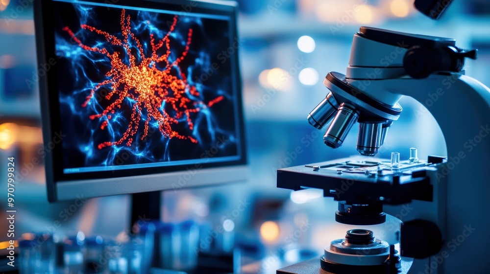 Poster close-up of a microscope and computer monitor displaying vibrant scientific data in a modern laborat