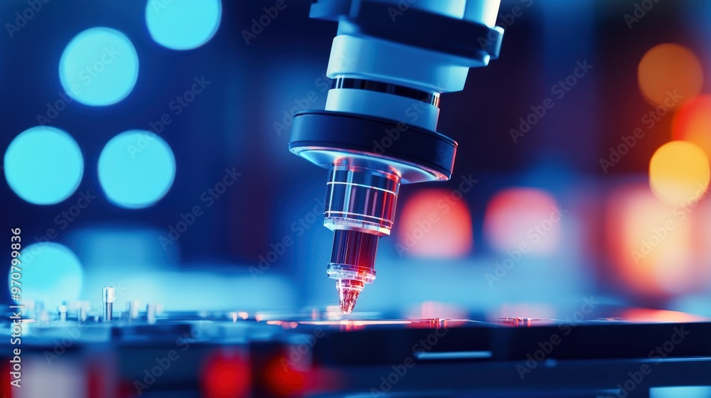 Poster close-up of a modern robot arm performing precise work on a circuit board in a vibrant, high-tech en