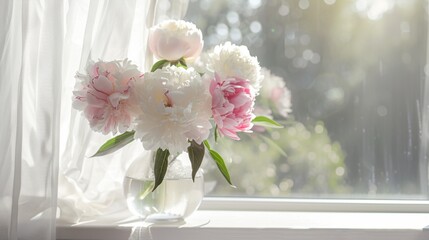 pink and white peonies flowers in a vase on the windowsill with sunbeams, with a white background in a room, product display presentation background or backdrop