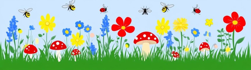 Fototapeta premium A panorama of colorful flowers, mushrooms, bees, and butterflies.