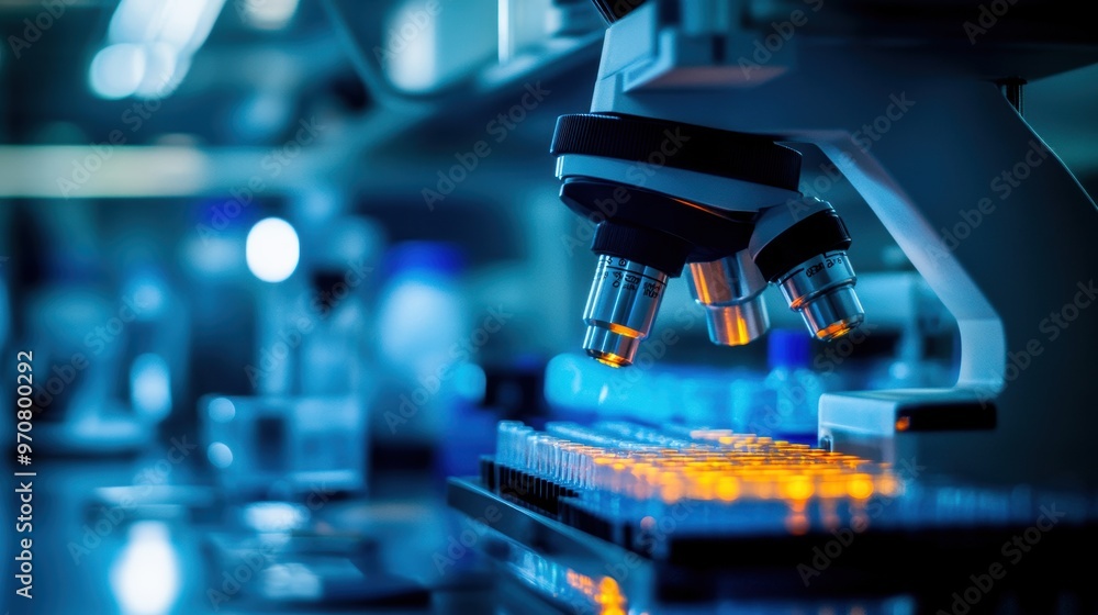 Poster close-up view of a modern microscope in a laboratory, highlighting scientific research and advanced 