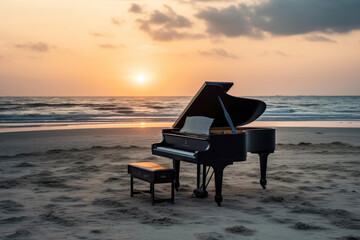 Obraz premium generated illustration grand piano with sheet music on it, on a beach with waves crashing in the background