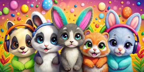 Fototapeta premium Adorable cartoon animals, featuring fluffy rabbits, cute kittens, and adorable pandas, come to life with colorful