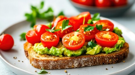 Delicious avocado toast topped with fresh cherry tomatoes and herbs, perfect for a healthy breakfast or snack.
