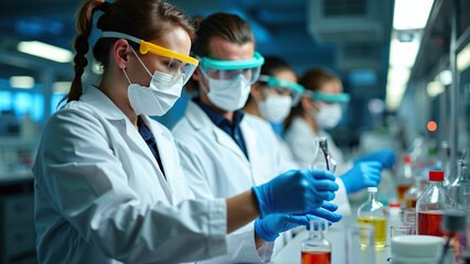 Lab technicians wearing safety goggles and gloves handle hazardous chemicals under proper ventilation. The image focuses on lab safety protocols and hazard prevention.