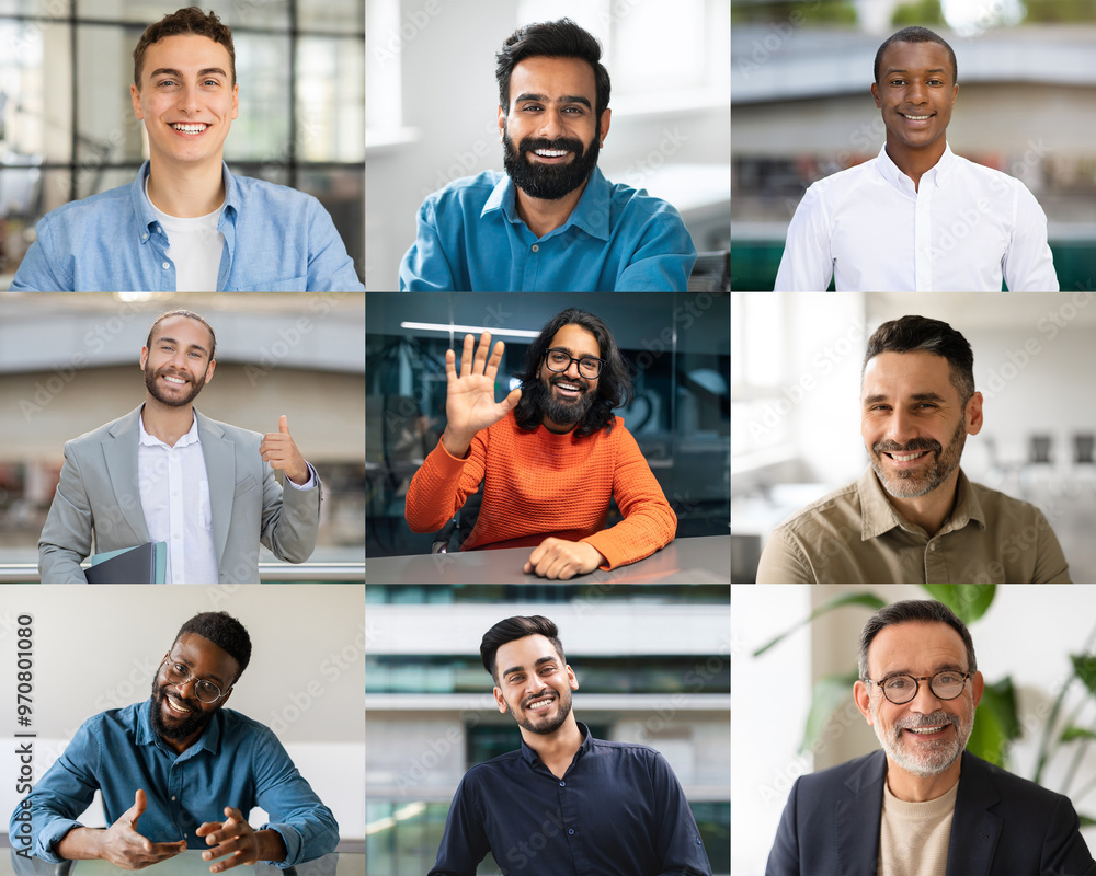 Poster A diverse group of men is depicted, showcasing a range of expressions and interactions in a bright, modern office space. Some are smiling while waving, others are engaged in conversation