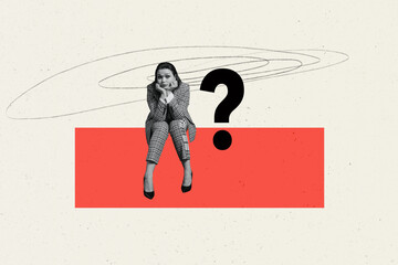 Composite photo collage of minded girl wear plaid suit question mark decision hesitation brainstorm...