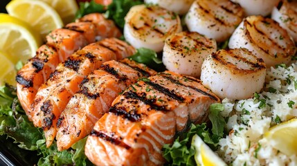 Succulent Grilled Seafood Platter with Salmon, Shrimp, and Scallops Served with Fresh Greens and Lemon Wedges