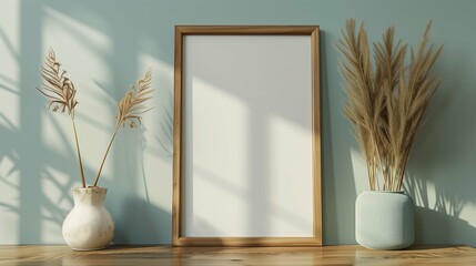 Fluffy dries flowers and picture mockup on wooden shelf. Painting template with thin frame and plants advertising image. Poster mock up in room interior product photorealistic