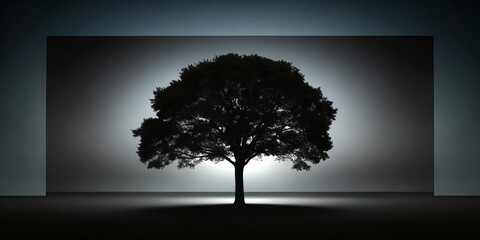 A dramatic black silhouette of a towering tree frame against a backdrop of darkness, evoking elegance.