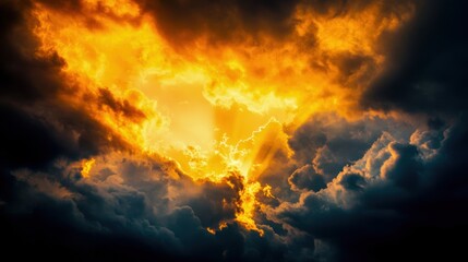 Dramatic sunset above dark clouds, showcasing vibrant colors as sunlight bursts through the gaps, creating a stunning visual effect.