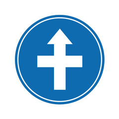 road sign icon, crossroad ahead, side roads to right and left onblue round board.suitable for poster use and web icon