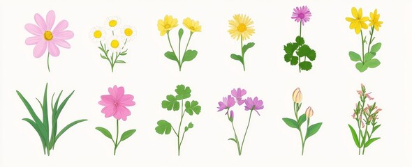 Decorative spring flowers. Handdrawn flat illustrations of clover, snowdrop, campanula, and daisy. Wild plants. Isolated on white background.