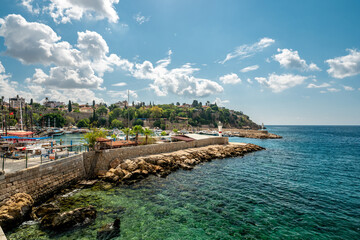 Naklejka premium View of the Old Town Antalya Marina and tour boats in Kaleici