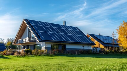 Eco-friendly solar-powered house with rooftop photovoltaic panels set amid a picturesque autumnal countryside landscape,showcasing sustainable energy technology and environmental conservation.
