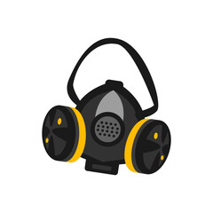 Black respirator mask illustration with yellow filters for industrial, construction, or healthcare settings, provides protection against dust, fumes, and particles