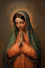 Painting of Our Lady of Guadalupe, with joined hands, on gray background.
