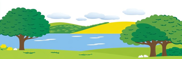 Fototapeta premium Modern cartoon illustration of landscape with mountain, forest, lake, trees, grass, flowers, and stones on shore of a lake with blue water, trees, grass, and flowers of summer.