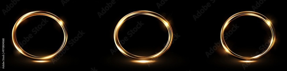 Poster abstract gold light swirls in circular lines with a round flash motion. set of realistic magic rings