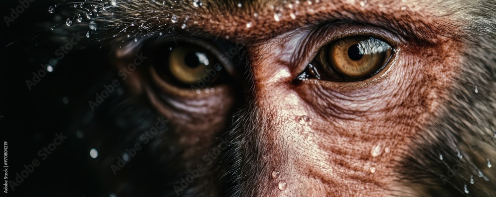 Poster close-up image of a macaque face with intense gaze and water droplets highlighting its textured fur 