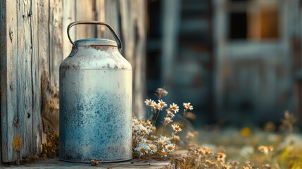 Fototapeta premium Rustic Charm: Close-up of Fresh Milk Canister on Farmhouse Porch with Rural Background
