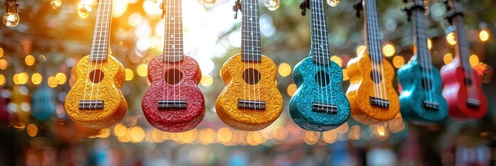 Naklejka premium Colorful Ukuleles Hanging in a Row with Bokeh Lights