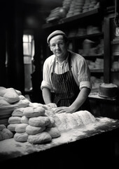 A baker, dressed in an apron and hat, stands in his bakery with hands on dough, surrounded by loaves of bread. The black-and-white image captures the hard work and craftsmanship of traditional baking.