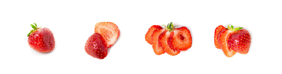 Strawberry pieces isolated, red berry cut set, fresh strawberries slices, summer food ingredient