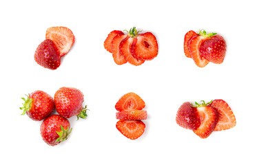 Strawberry pieces isolated, red berry cut set, fresh strawberries slices, summer food ingredient