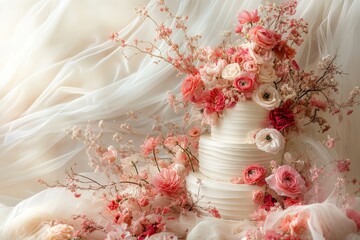 Elegant wedding cake adorned with pink and white flowers against a sheer drapery background