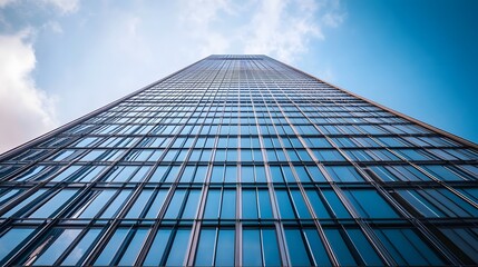Fototapeta premium A Tall Glass and Steel Skyscraper Against a Clear Blue Sky