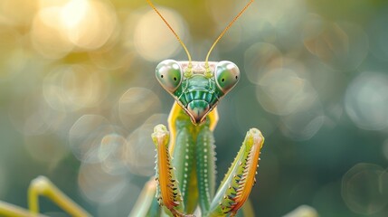 A close-up of a green and orange insect with bokeh effect background, likely an ant or grasshopper.