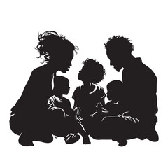 Vector illustration: black silhouettes of people man and woman with children. Happy family.