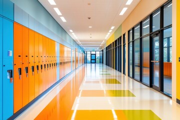 Bright and colorful school hallway with lockers and large windows creating an inviting educational environment.