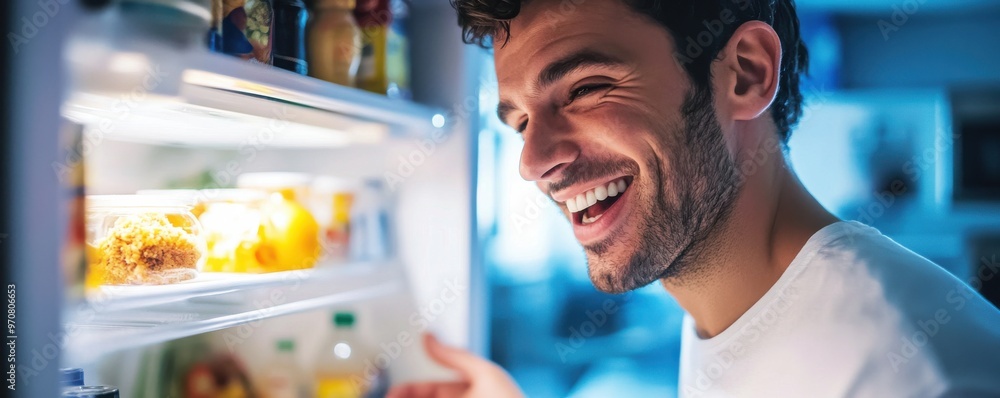 Poster close-up of a cheerful man chuckling in front of an open refrigerator filled with food jars and bott