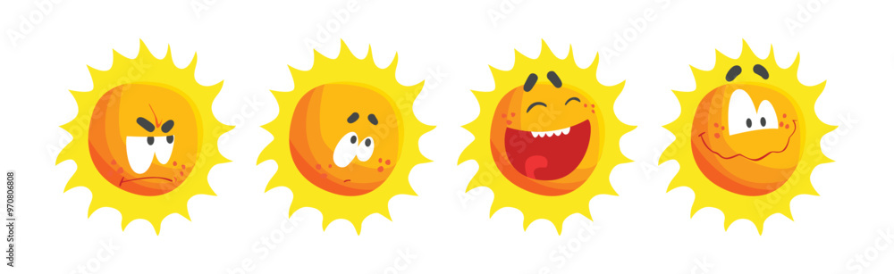 Poster funny sun character with rays and face emotion vector set