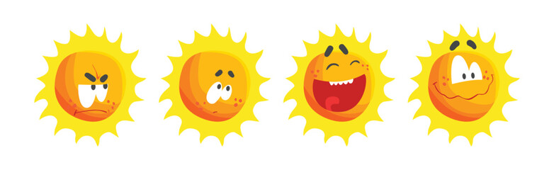 Funny Sun Character with Rays and Face Emotion Vector Set