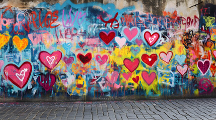 A vibrant graffiti wall showcases colorful hearts and a love quote radiating positivity and creativity with an artistic flair
