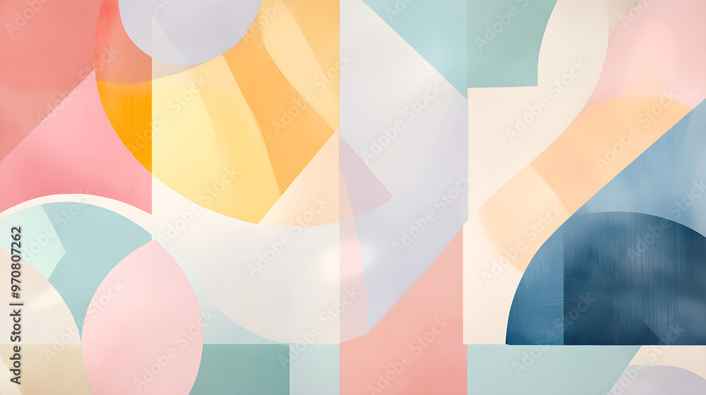 Poster abstract composition features muted pastel shades with soft geometric shapes and organic forms creat