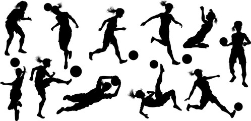 Female Soccer Football Player Woman Silhouette Set