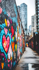 Fototapeta premium An artistic mural in a city features vibrant graffiti with colorful hearts, adding a lively atmosphere to the urban setting