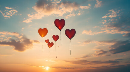 Fototapeta premium Heart-shaped balloons float gracefully in the sky during a beautiful sunset, creating a romantic and whimsical atmosphere