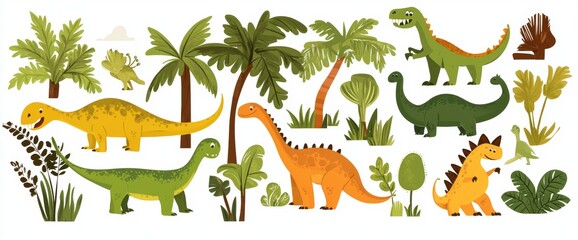 Obraz premium Modern dinosaurs. Hand-drawn dinosaurs: triceratops, stegosaurus, tyrannosaurus, diplodocus, pterosaur. For kids, apparel, posters, articles, education, edutainment.