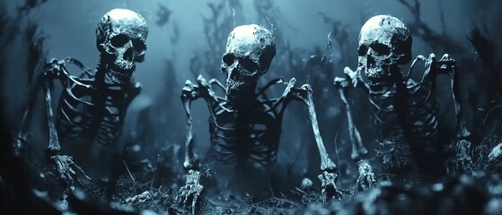 Fototapeta premium Three skeletons submerged in a dark underwater environment.