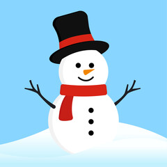 Smile White Snow Man with Twig Hand Up Wearing Black Red Hat and Red Scarf Winter on Blue Background