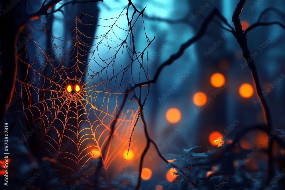 Poster a mystical forest scene featuring a glowing spider web and soft orbs of light.