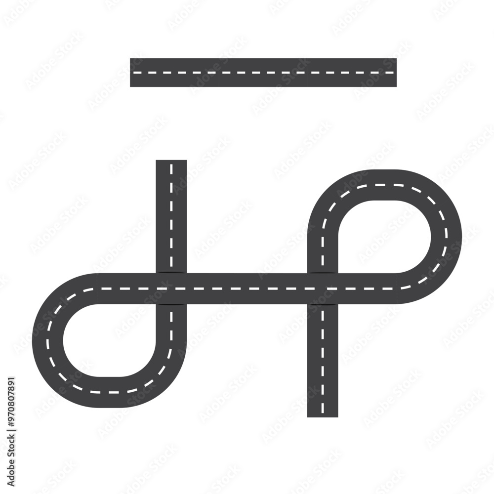Poster abstract road design with dashed lines forming a loop and straight path. minimalist black highway co