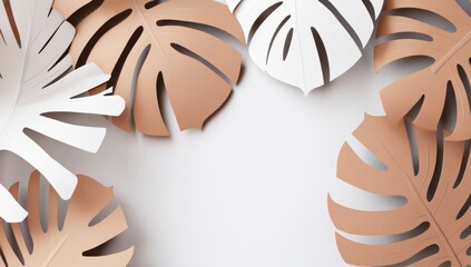 An abstract poster with creative papers and leaves on a white background. Stock in trendy paper cut style.