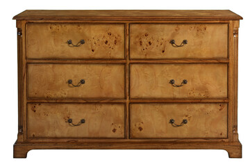 antique wooden furniture, light brown burl dresser isolated object